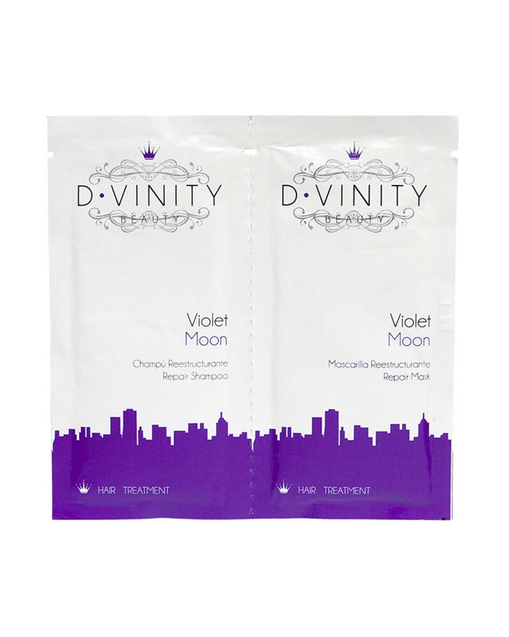 Champú y mascarilla cabello dañado Violet Moon muestra
